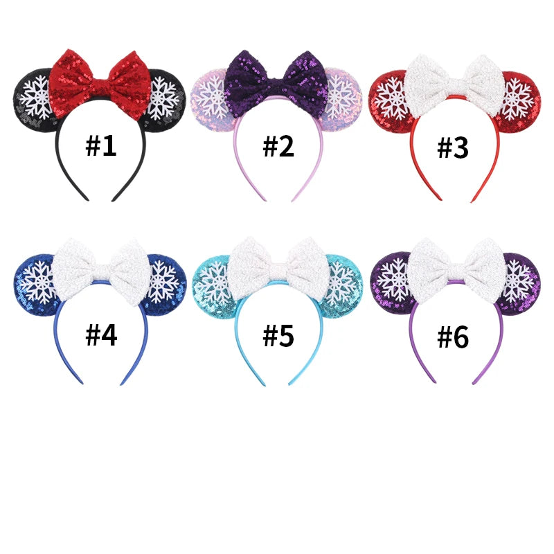 Christmas Disney Mickey Mouse Headbands Sequin Ear Headband Sequin Snowflake Bow for Adults Women Party Hairbands Girls Kids Gif