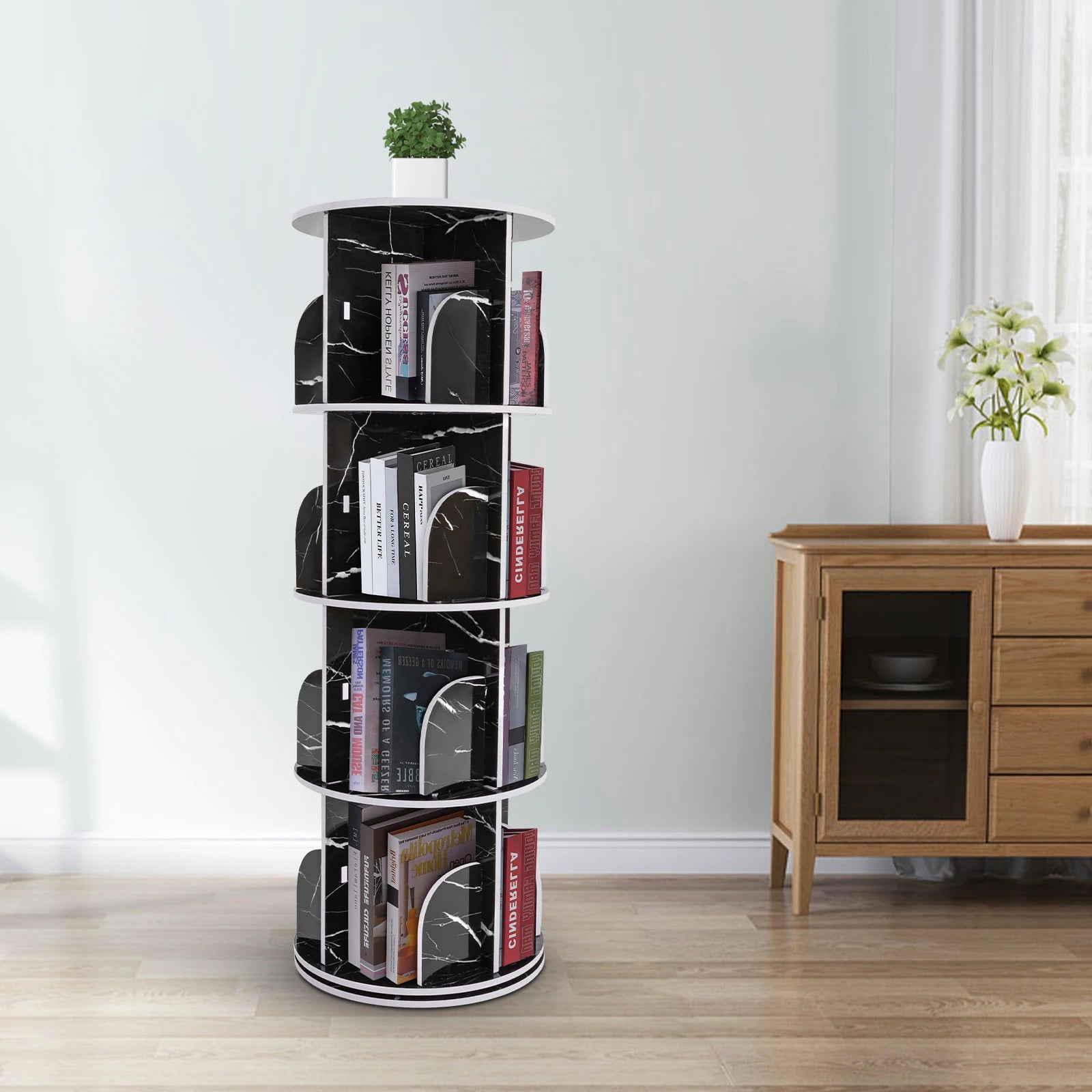 3/4/5 Tier Rotating Display Bookshelf -360° Unique Revolving Storage Rack, Floor Standing Wood Bookshelf Organizer