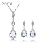 ZAKOL 2 Pcs Water Drop Zircon Earrings Necklace Wedding Jewelry for Women Shining Crystal CZ Party Jewelry Set