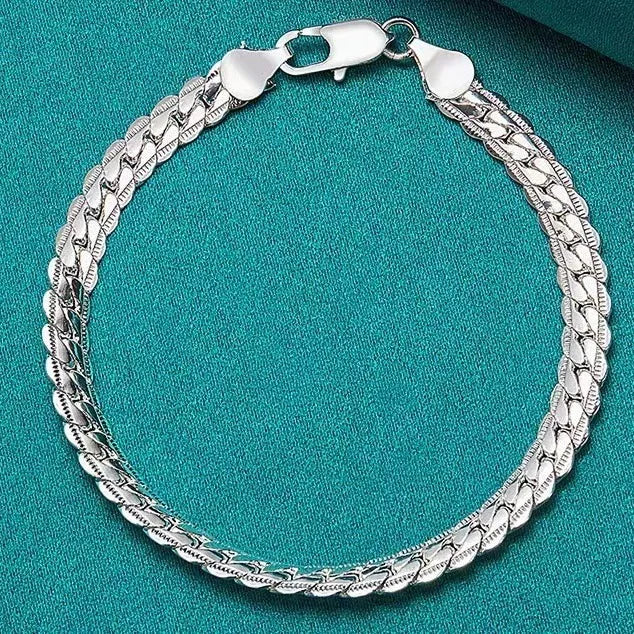 925 Sterling Silver Bracelet 6mm 18/20cm Flat Side Chain Lobster Clasp Bracelet For Woman Man Party Wedding Jewelry Holiday Gift