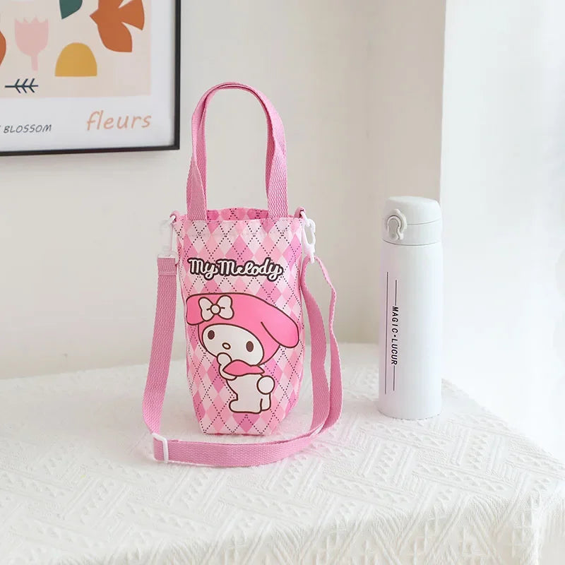 Kawaii Sanrio Hello Kitty Water Bottle Bag Cute Anime Figure Kuromi Pochacco Canvas Mug Bags Crossbody Tote Girls Gift Kids Toys