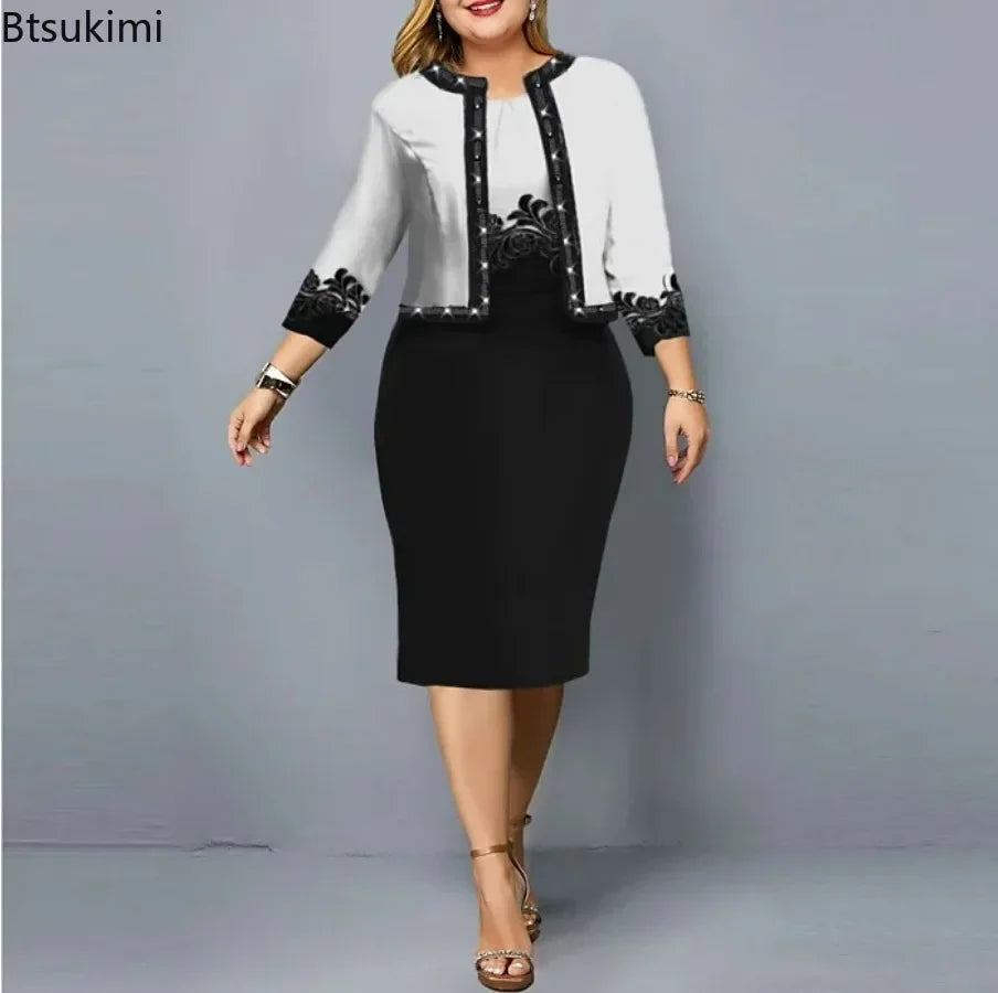 2024 Women's Elegant Digital Print 2 Piece Dress Set O-Neck Slim Fit Pencil Dress+O-Neck 3/4 Sleeve Short Coat Female Dress Sets