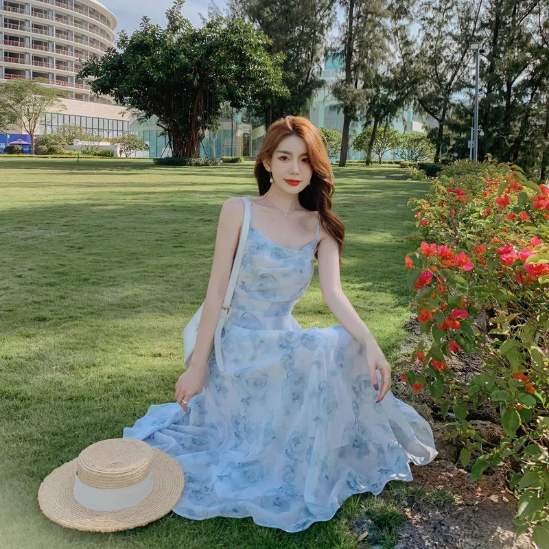 Sexy Backless Floral Stretch Suspender Dress Women's 2022 Waist Thin Section Sun Chiffon Elegant Women's Long Dresses for Party