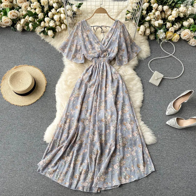 Retro Floral Print Ruffle Chiffon Elegant Midi Dress A-line V Neck Beach Vacation Dress Women Korean Fashion Summer Vestidos