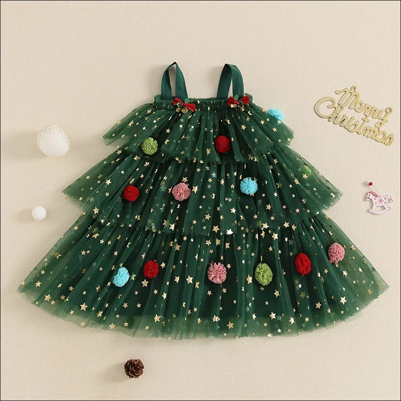 Christmas Costume Summer Kids Girl Green Dress Print Sleeveless Star Layered Tulle Dress Plush Ball Hat Baby Xmas Party Clothes