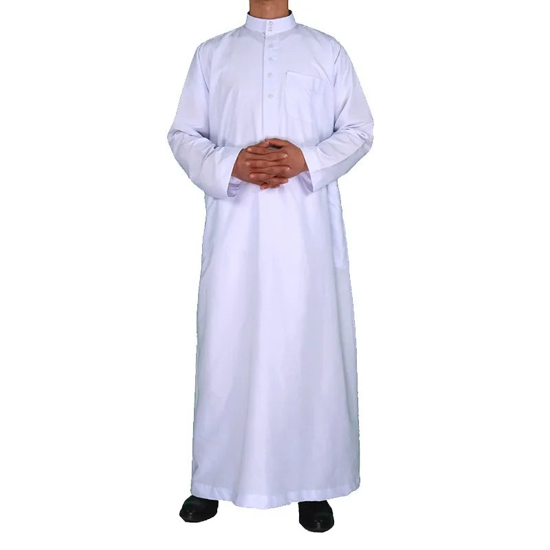 Men's Muslim Robe Islamic Ramadan Juba Kaftan Dishdash Arabian Robe Solid Color Long Sleeve Collar Loose T-shirt Dress Tunic