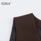 EDSA Women Brown Waistcoat with Side Vents Single Breasted Sleeveless V-neck Vest for Female Top