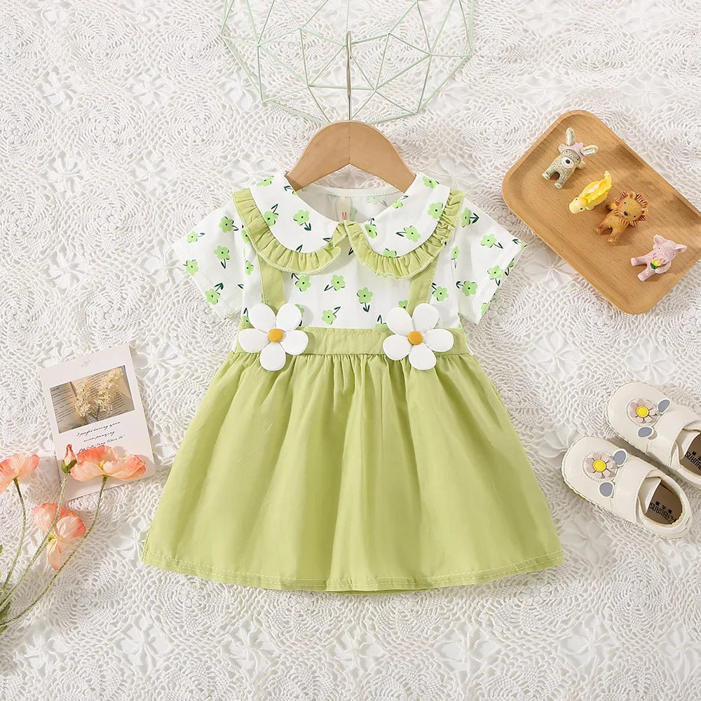 Summer New Flower Short Sleeved Baby Girl Dress Sweet Fake Two Piece Children'S Clothing (6-24 Months)