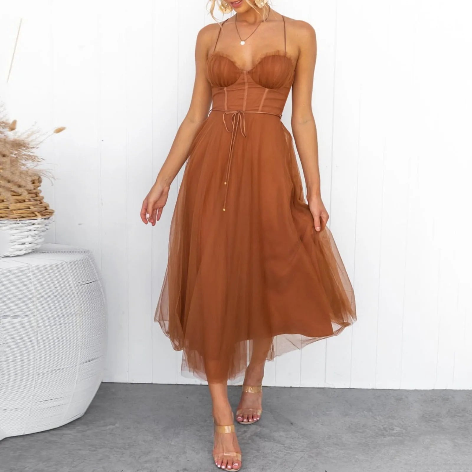 Sexy Spaghetti Strap Mesh Stitching Long Dress Women's Elegant Slim Fit Backless Drawstring Dress Ladies Evening Party Dress
