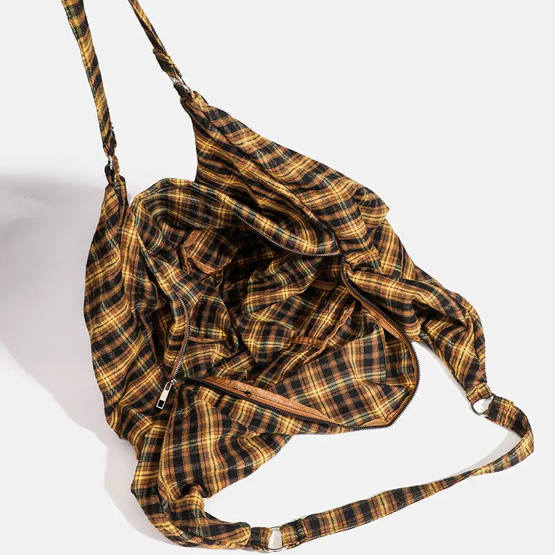 GAINNY Vintage Plaid Canvas Tote Women Large Capacity Korean Fashion Travel Shoulder Bag for Work Shopping Aesthetic Designer