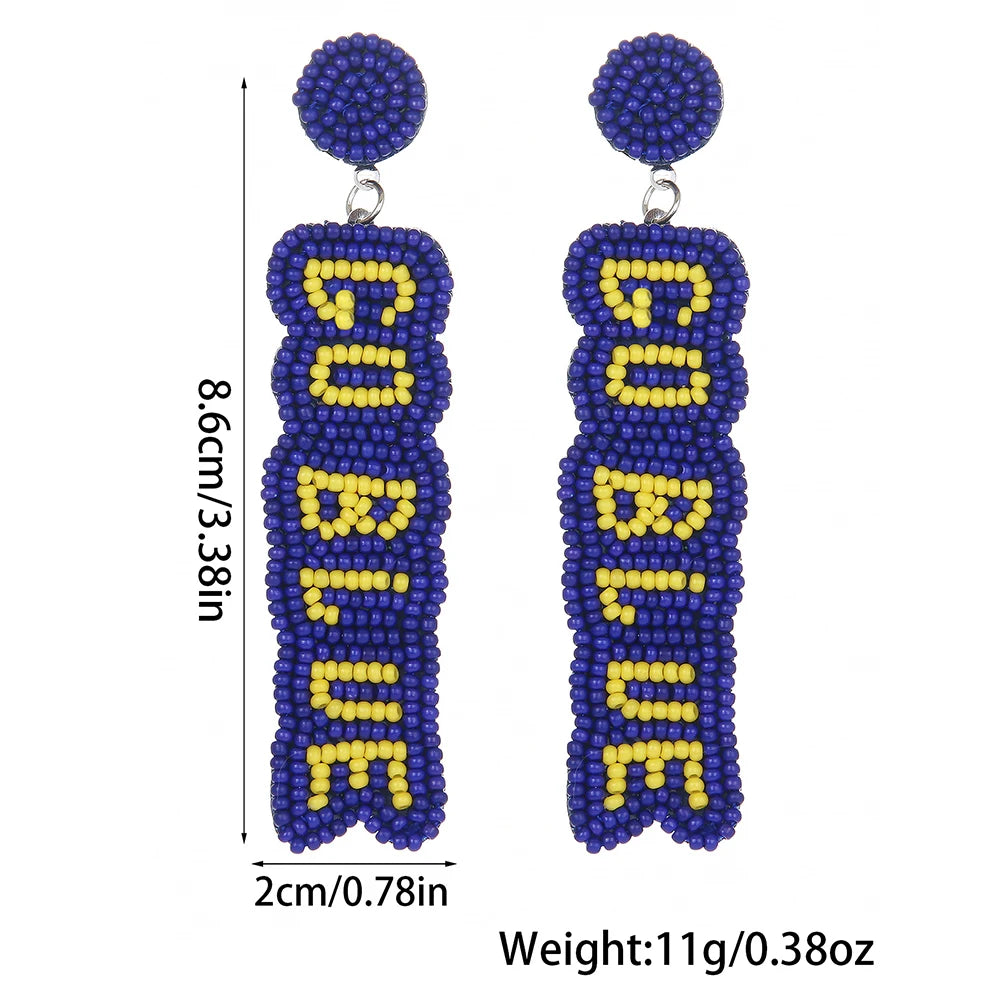 Beaded GO BLUE Sports Earrings Handwoven Bohemia Yellow & Blue Color Block Ear Accessory