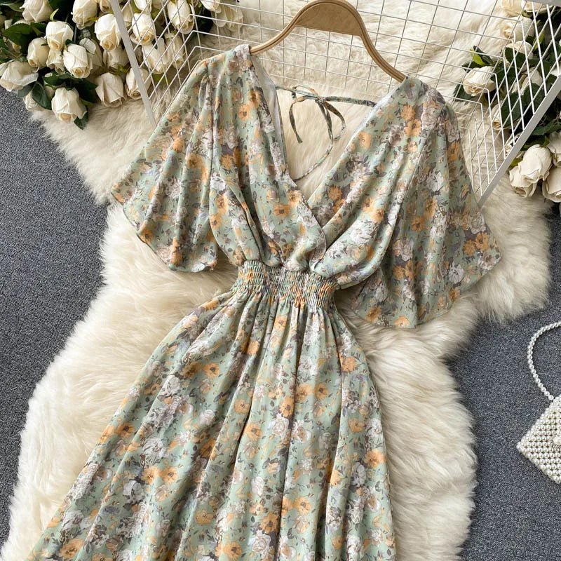 Retro Floral Print Ruffle Chiffon Elegant Midi Dress A-line V Neck Beach Vacation Dress Women Korean Fashion Summer Vestidos