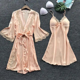 2PCS Leepwear Female Pajamas Set Satin Home Pyjamamas Lace Robe Sleep Suit V-Neck Wedding Nightwear Wear Nighty&Rob