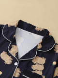 Black background cute capybara cardigan women's sleepwear set short sleeved top and loose pants comfortable women's sleepwear