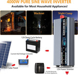 Solar Inverters 4000W Pure Sine Wave Power Inverter 12V DC to AC 110V 120V Peak Power 8000W with Remote Control 4 AC Outlets