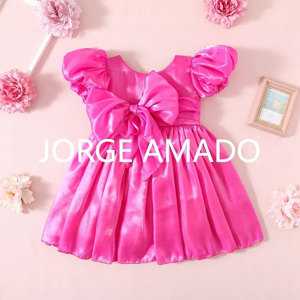 Baby Girl Summer Dress Short Puff Sleeves Large Bow Solid Round Neck Backless Princess Dresses Twins Daughter Clothing H0404