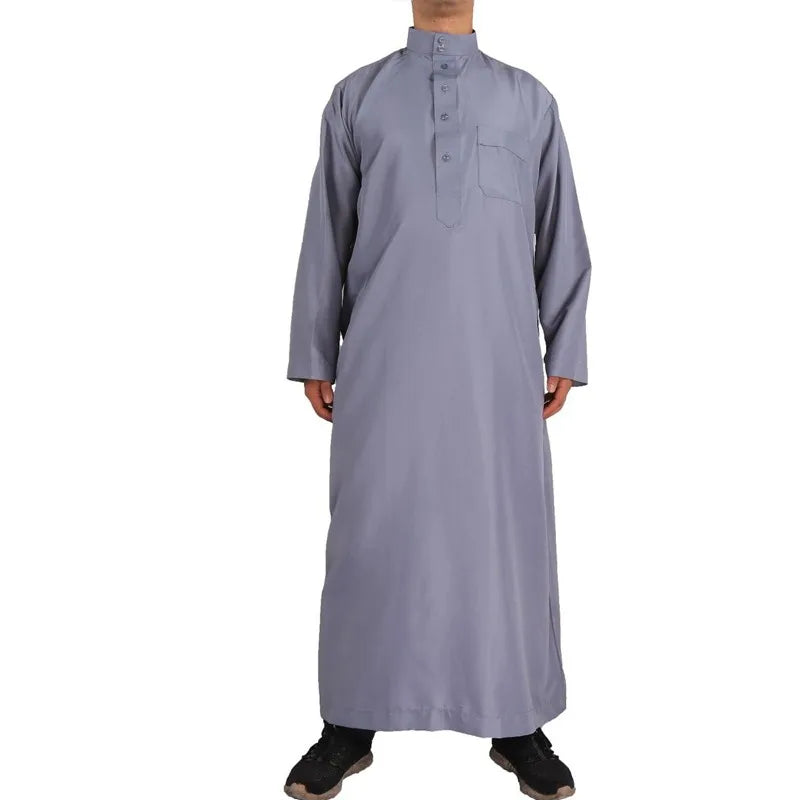 Men's Muslim Robe Islamic Ramadan Juba Kaftan Dishdash Arabian Robe Solid Color Long Sleeve Collar Loose T-shirt Dress Tunic