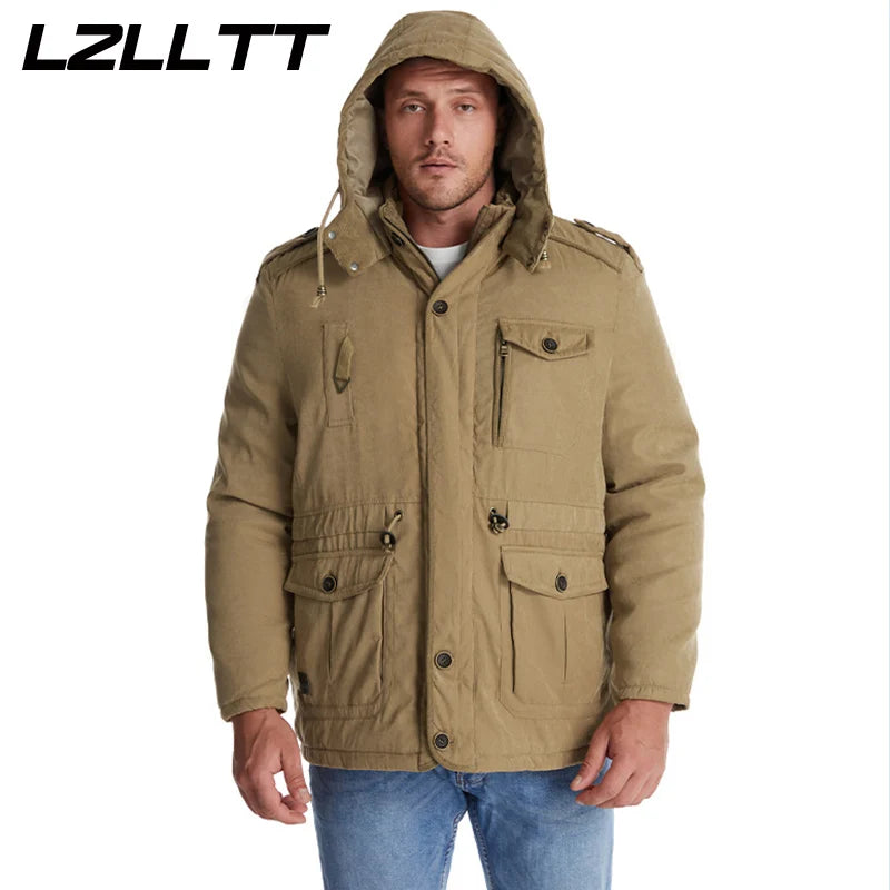 LZLLTT Men Winter Warm Parkas Mens Fleece Detachable Hat Jacket Parkas Men Casual Cotton Outdoor Fur Trench Padded Jackets Coats