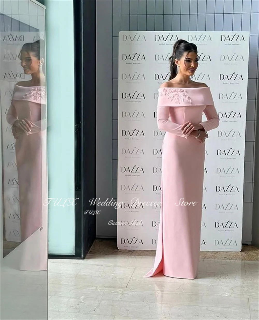 TULX Elegant Off The Shoulder Pink Evening Dresses Floor-Length Long Sleeves Elegant Straight Party Dresses Women Formal Event