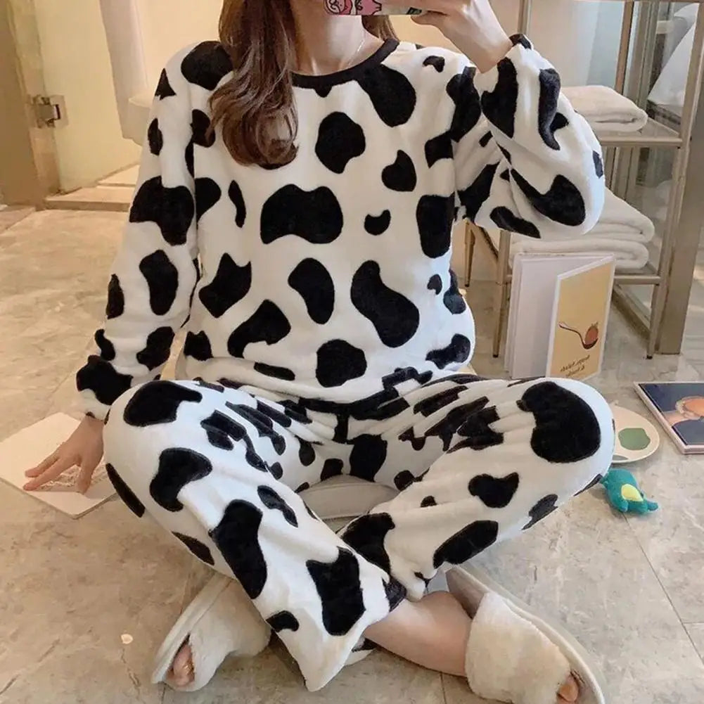 Flannel Women Pajama Set Thick Coral Velvet Cartoon O Neck Warm Thicken Bear Pineapple Women Nightie Set Autumn Winter Sleepwear