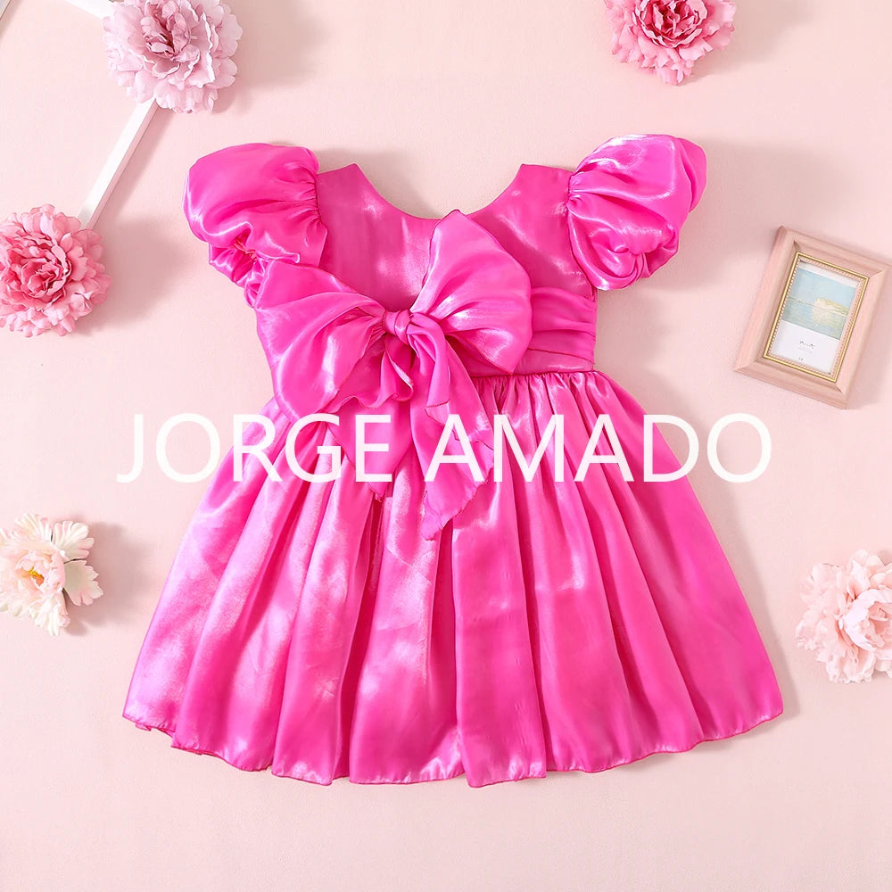 Baby Girl Summer Dress Short Puff Sleeves Large Bow Solid Round Neck Backless Princess Dresses Twins Daughter Clothing H0404