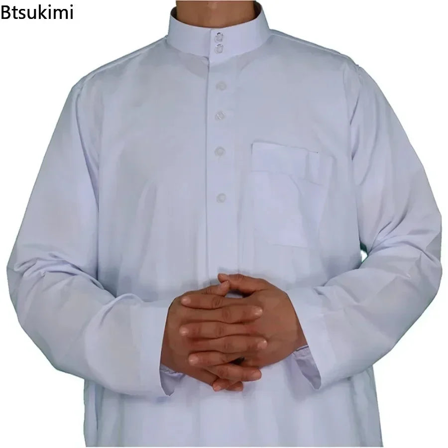 2024 Men's Muslim Fashion Long Sleeve Abayas Saudi Arabic Solid Color Loose Kaftan Modest Robe Men Musulman Costumes Jubba Thobe