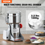 VEVOR Electric Grain Mill Grinder, Stainless Steel Pulverizer Powder Machine, for Dry Herbs Grains Spices Cereals Coffee Corn