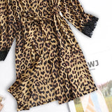 Leopard Print Lace Long Robe Satin Silk Pajamas Women Nightdress Lingerie Robes Underwear Sleepwear Sexy