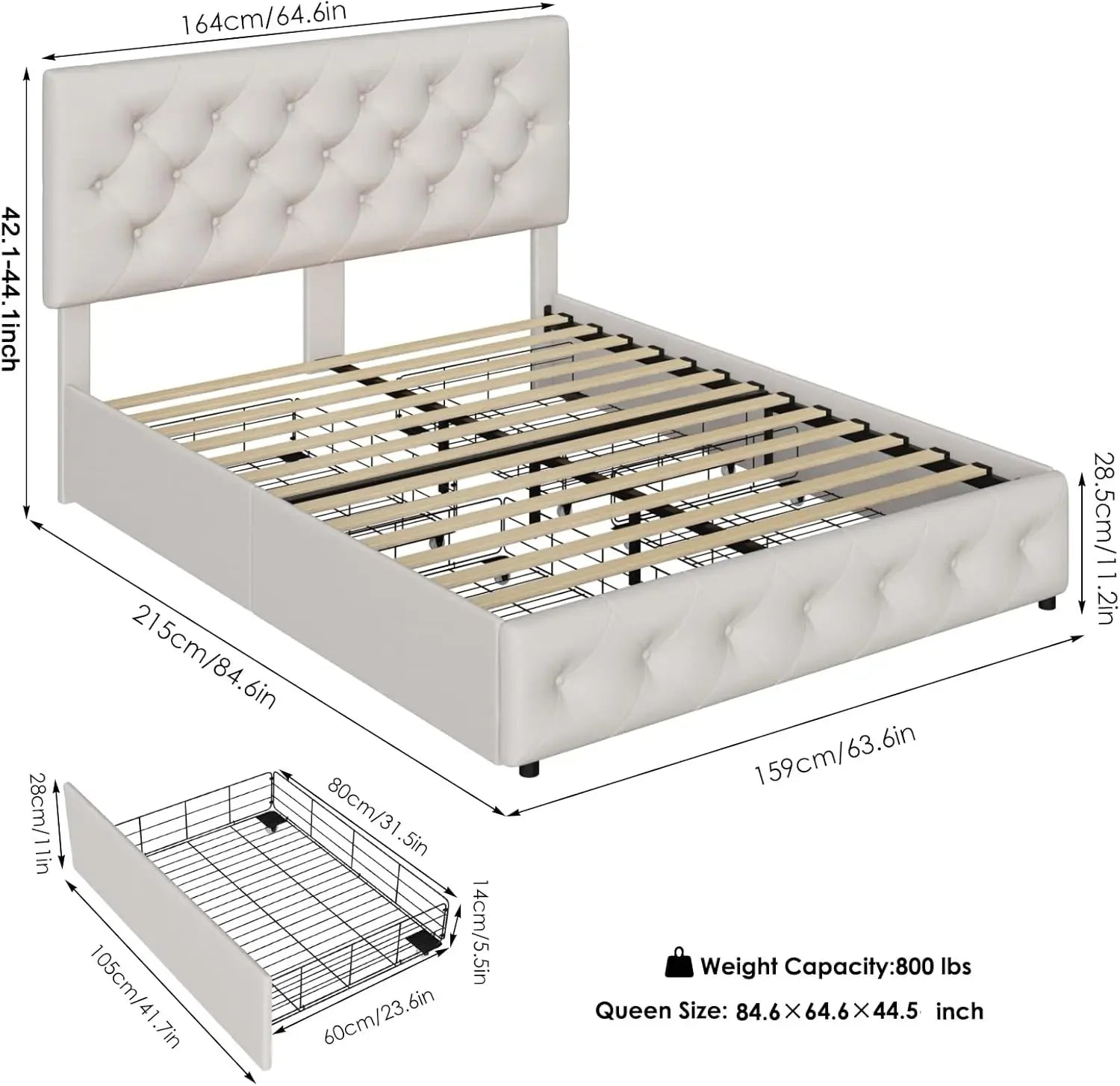 إطار سرير كوين مع 4 أدراج تخزين ولوح أمامي قابل للتعديل، سرير منجد مع تصميم أزرار من القماش المبطن باللون الكريمي