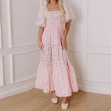 Women Floral Print Smocked Square Neck Short Puff Sleeve Summer Fashion Casual Backless Loose Fit Flowy A-line Long Dress