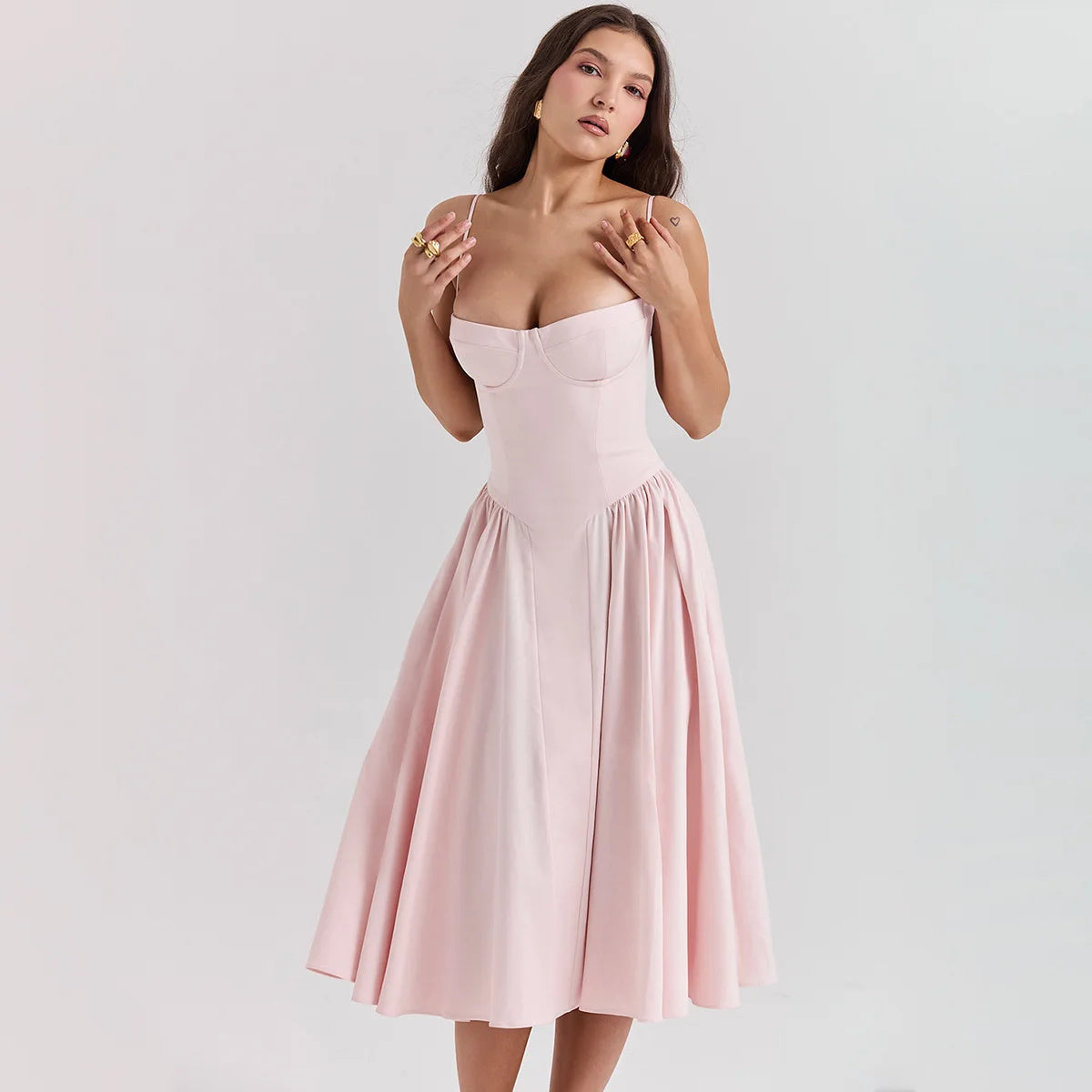 Summer Women Elegant Sleeveless Backless Pleated Dresses Lady Sexy Solid Sling Midi Dress 2024 Female Party Evening A-line Robes