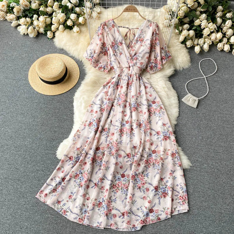 Retro Floral Print Ruffle Chiffon Elegant Midi Dress A-line V Neck Beach Vacation Dress Women Korean Fashion Summer Vestidos