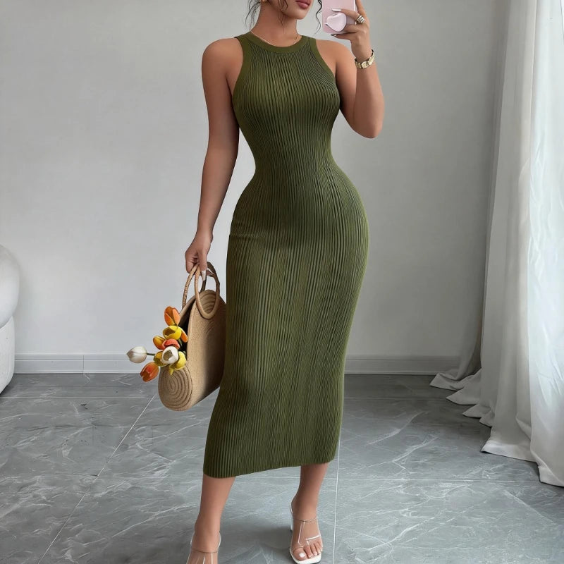 Women's Green Sleeveless Crew Neck Sundress Wave Textured Stretchy Knit Bodycon Maxi Dress Summer Daily Party Vacation Dress