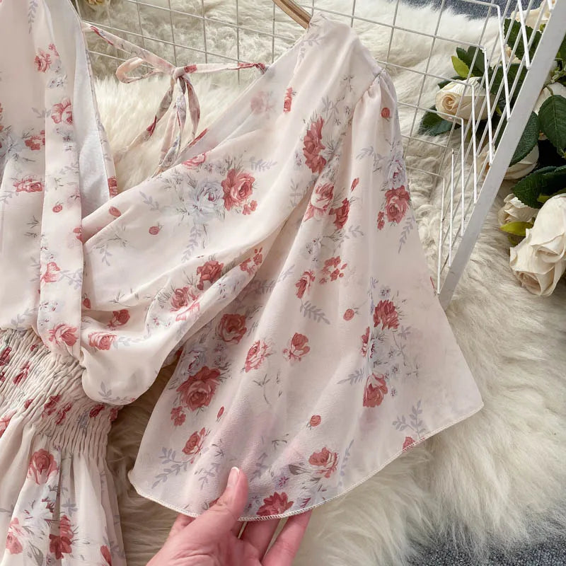 Retro Floral Print Ruffle Chiffon Elegant Midi Dress A-line V Neck Beach Vacation Dress Women Korean Fashion Summer Vestidos