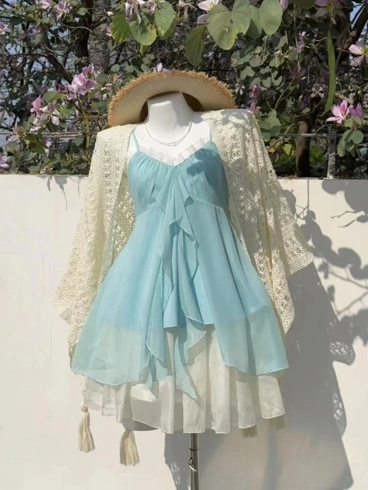 Woman Sweet Kawaii Y2k Min Dress Lolita Cute Sleeveless Floral Dress Spicy Girls Lace Up Ruffle Slim Fit Dresses Design Chic
