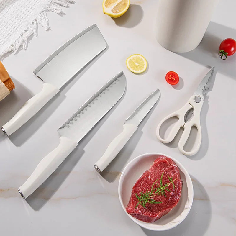 Kitchen Knives Set With Holder Scissorse Cut Meat Fish Fruit Steak Knife Plastic Handle Sharp Chef Cook Cleaver Knife 5PCS Set