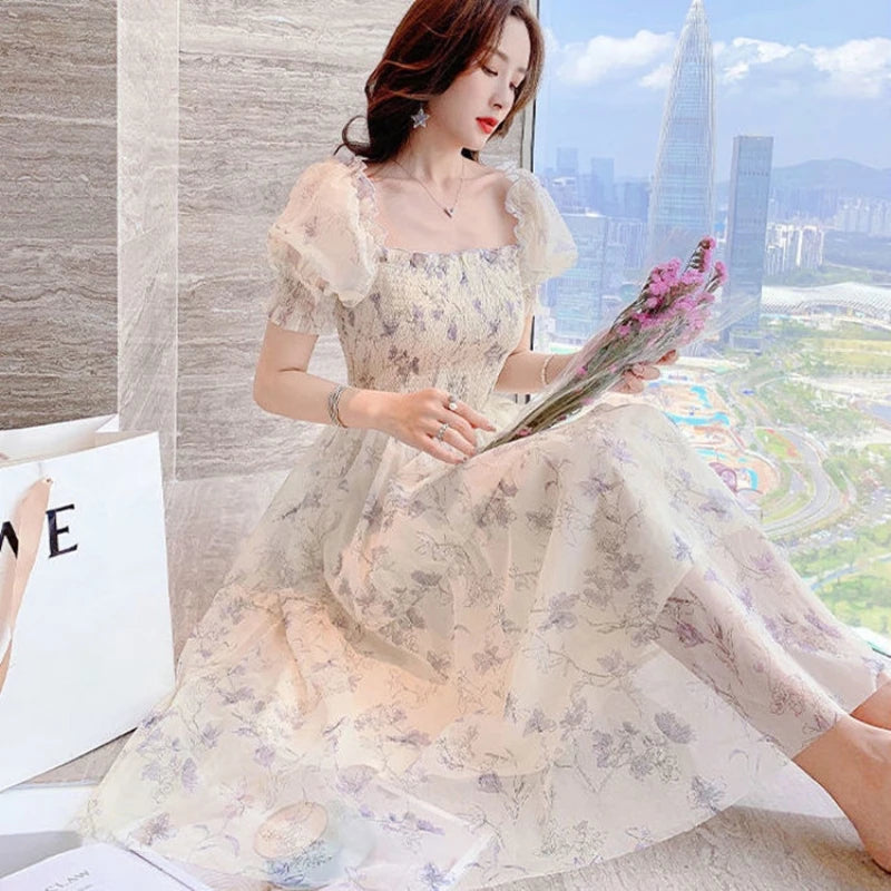 2026 Summer White Chiffon Long Dress Casual Floral Party Dress Elegant Short Sleeve Fairy Dresses for Women Sweet Beach Clothing