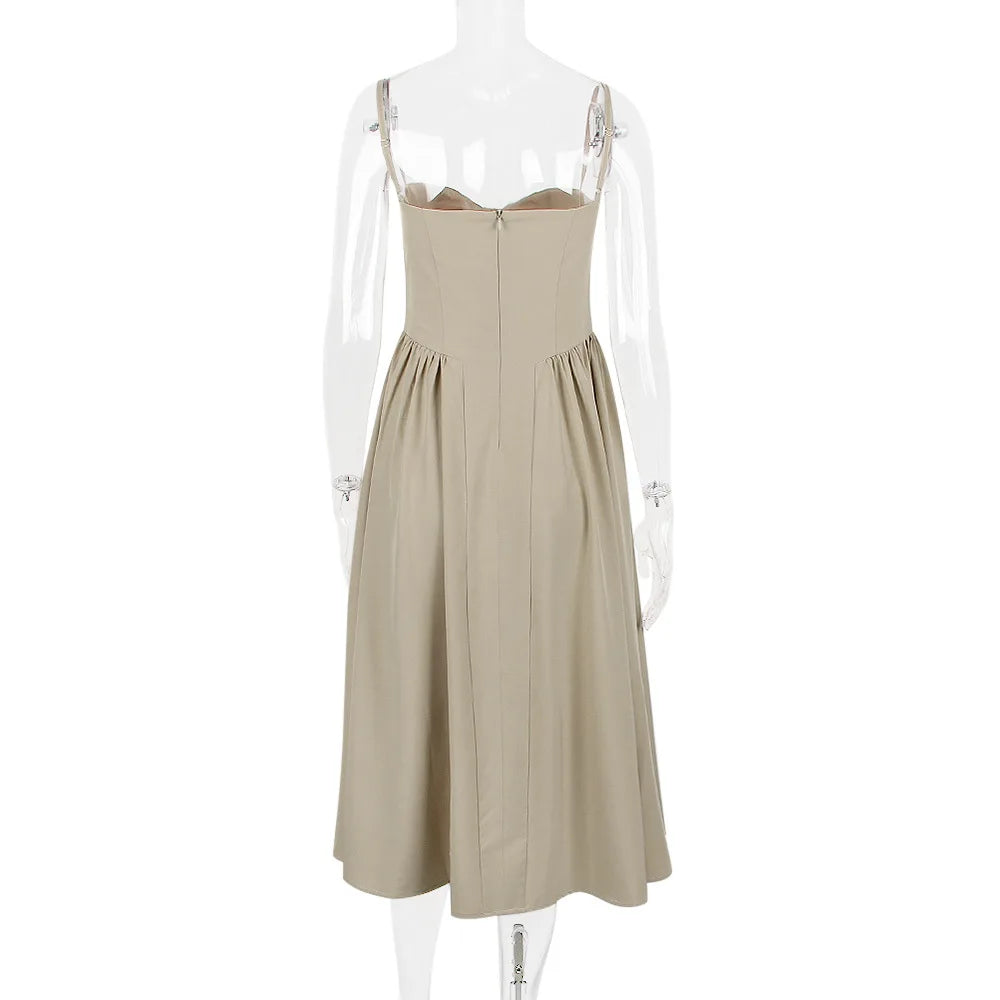 Summer Women Elegant Sleeveless Backless Pleated Dresses Lady Sexy Solid Sling Midi Dress 2024 Female Party Evening A-line Robes