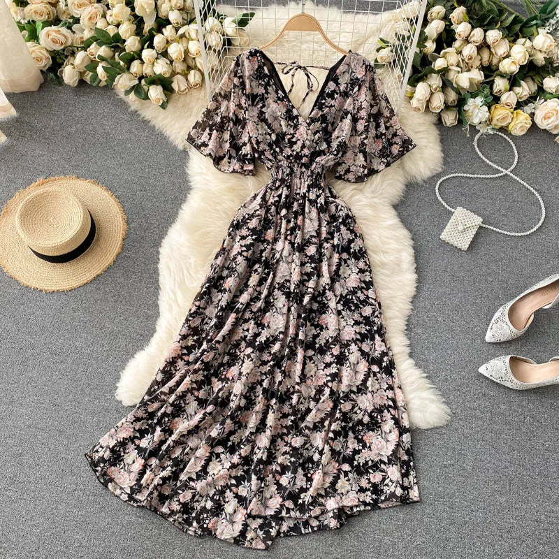 Retro Floral Print Ruffle Chiffon Elegant Midi Dress A-line V Neck Beach Vacation Dress Women Korean Fashion Summer Vestidos