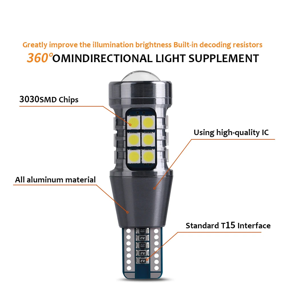 لمبات LED T15 W16W WY16W 3030 27SMD Canbus No Error مصباح احتياطي للسيارة مصباح فرامل خلفي أوتوماتيكي فائق السطوع 1620LM أبيض 12 فولت