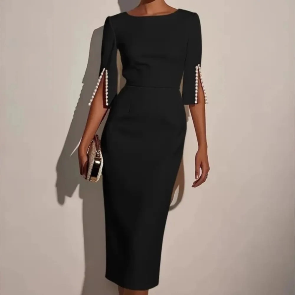 Elegant Round Neck Half Sleeved Beaded Mid Length Dress New Spring Summer Solid Color Commuting Slim Fit Dress Women's Wear