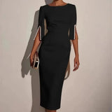 Elegant Round Neck Half Sleeved Beaded Mid Length Dress New Spring Summer Solid Color Commuting Slim Fit Dress Women's Wear