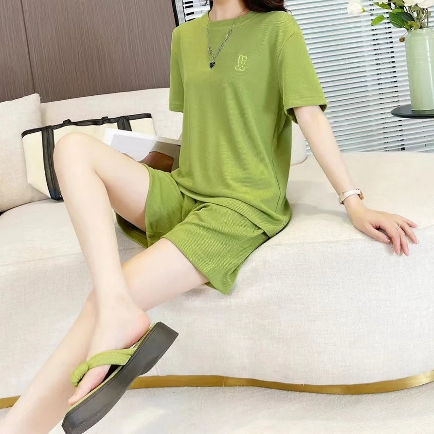 Casual Short Sleeved Shorts Set for Women's Solid Simple Loose Elastic Waist Tracksuit Thin Korean Loose Two-piece Trendy Set