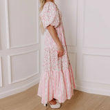Women Floral Print Smocked Square Neck Short Puff Sleeve Summer Fashion Casual Backless Loose Fit Flowy A-line Long Dress