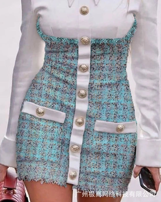 Elegant Commuting Style 2024 Spring Latest for Women Short Skirt Fashionable Flip Collar Princess Sleeve Woolen Patchwork Dress