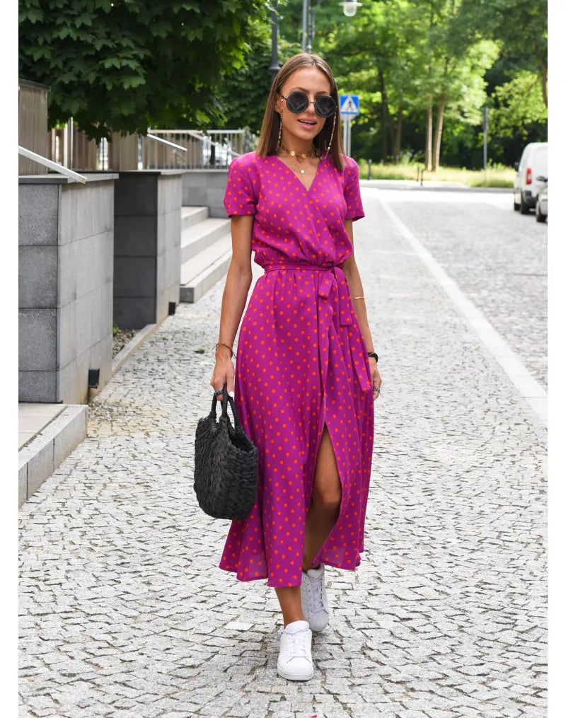 Summer Polka Dot Split Hem Long Dress Women 2023 New Fashion V Neck Print Sundress Vestidos Short Sleeved Waisted Lace-up Dress