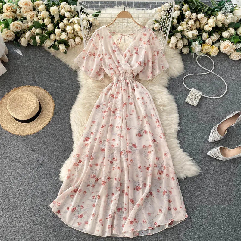 Retro Floral Print Ruffle Chiffon Elegant Midi Dress A-line V Neck Beach Vacation Dress Women Korean Fashion Summer Vestidos