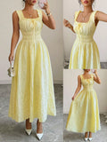 Vacation Essential Yellow Smocked Midi Dress, Chic Beach Party Date Night Dress