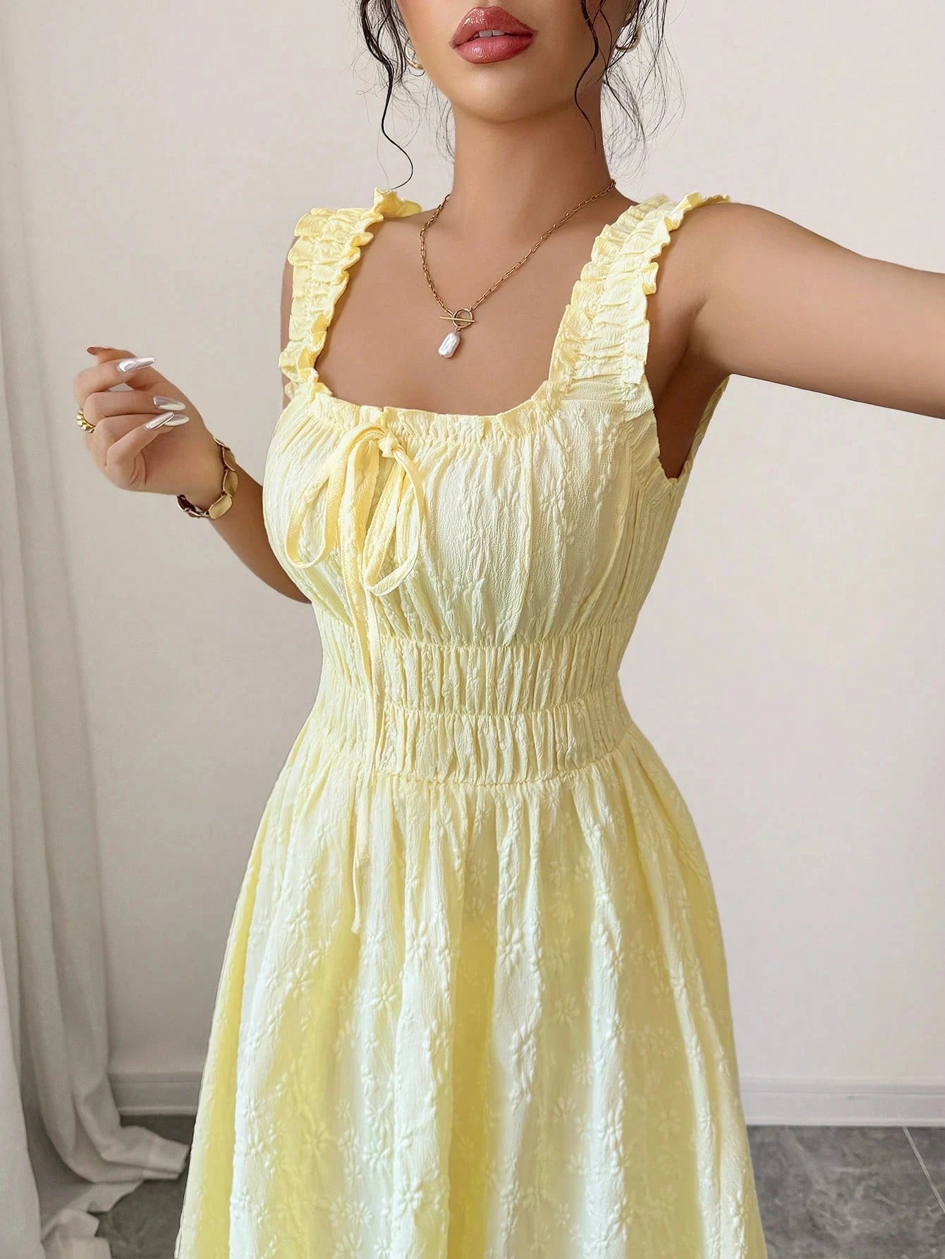 Vacation Essential Yellow Smocked Midi Dress, Chic Beach Party Date Night Dress