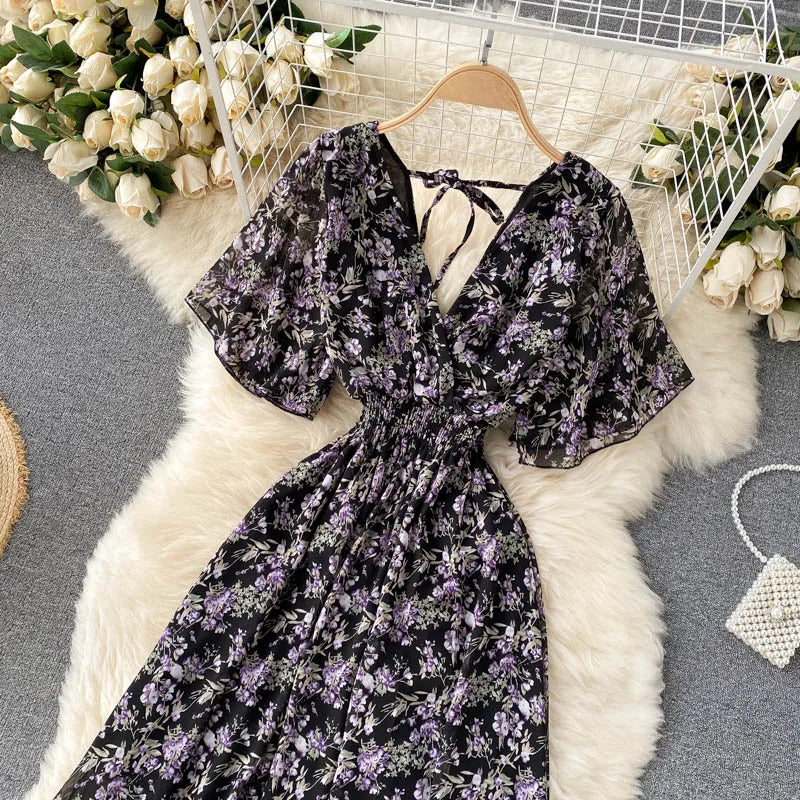 Retro Floral Print Ruffle Chiffon Elegant Midi Dress A-line V Neck Beach Vacation Dress Women Korean Fashion Summer Vestidos